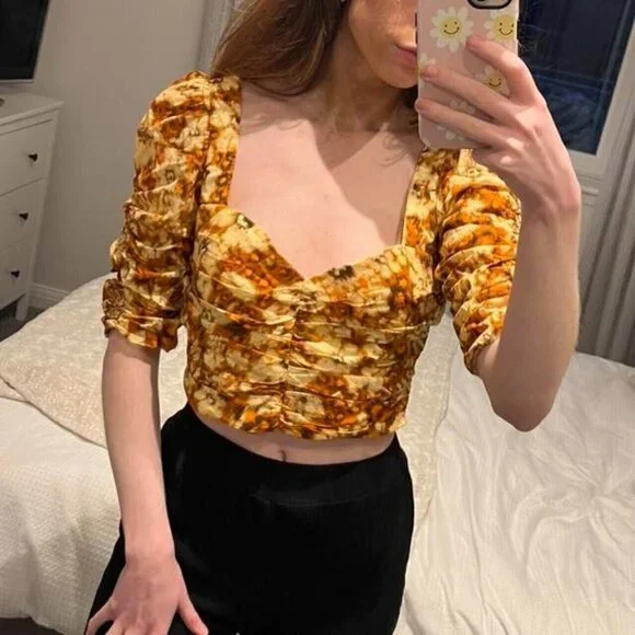 Zara BNWOT womens printed crop top sz small orange floral puff sleeve - Picture 7 of 7